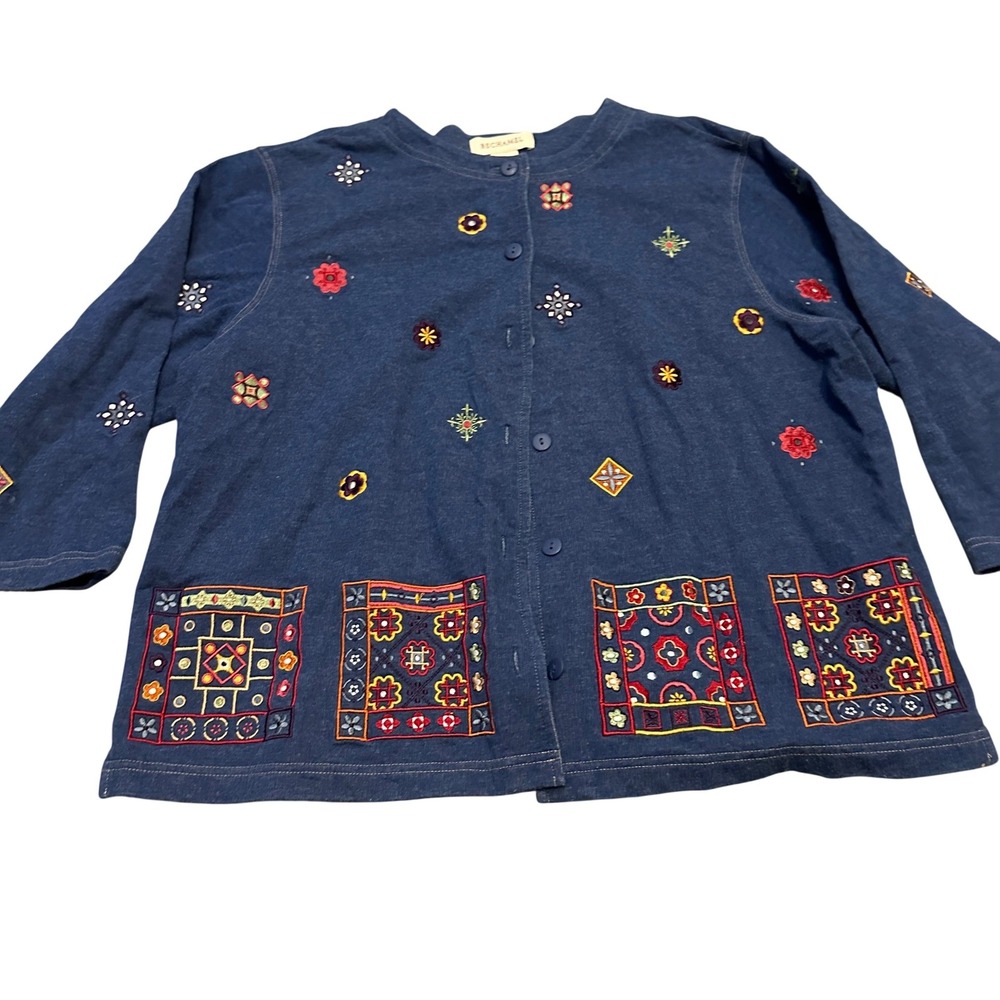 Bechamel Navy Blue Embroidered Button Back Top Long Sleeve Art‎ to Wear XL